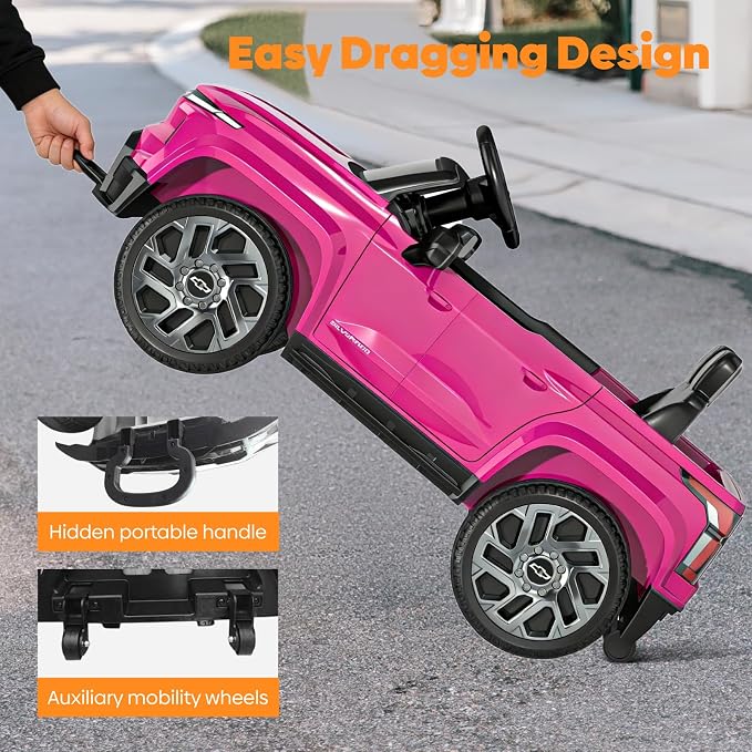 24V Licensed Chevrolet Silverado EV Electric Car for Kids, Ride on Toys for Toddlers with Remote Control, Soft Start, Wide Seat, 3 Speed, LED Lights, Music Player, Birthday Gift, Pink