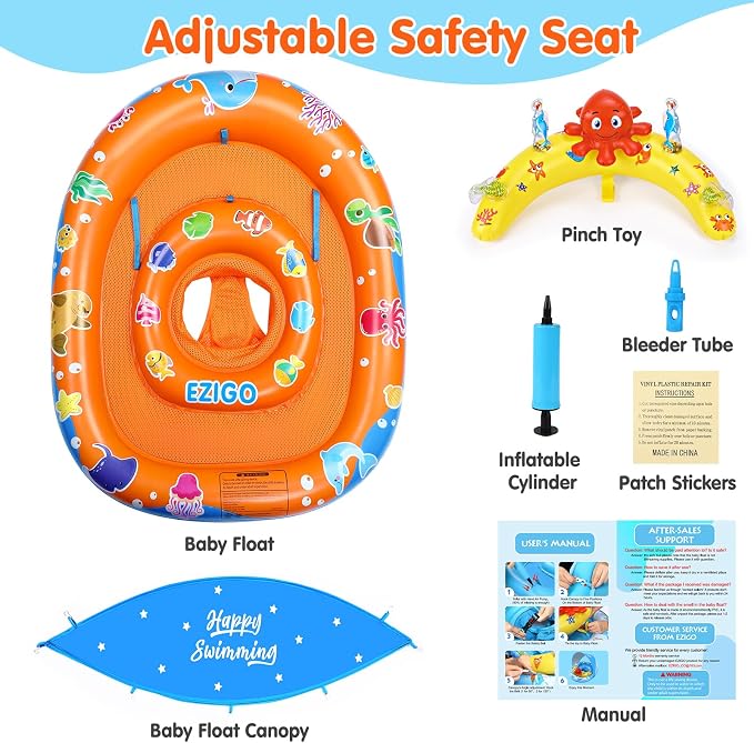 EZIGO Baby Pool Float with Canopy UPF50+ Sun Protection, Inflatable Kids Pool Floats with Ocean Animal Toys for Baby 6-36 Months, Infant Swimming Float with Adjustable Safety Seat for Boys Girls