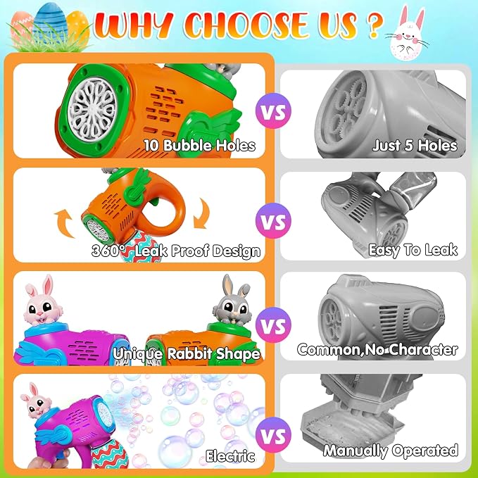 IFLOVE Bubble Guns for Kids 2 Pack, Bunny Bubble Machine Ages 3-8 Outdoor | Bunny & Easter egg design, 12 outlets blow 5,000+ bubbles; 10 solution packs; summer outdoor toy; needs 4 AA batteries