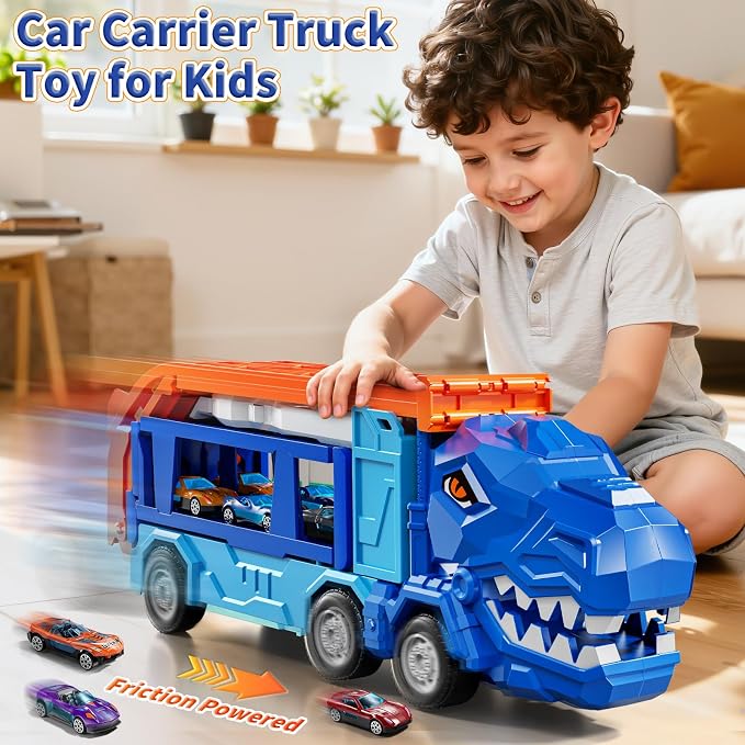 Race Track Truck Toys for 3 4 5 6 7 8 Years Old Boys, Carrier Vehicle Playset with 12 Die-Cast Racing Car Toys, 2-Tier Storage, Car Ramps, Birthday Gifts for Toddlers Kids Girls Age 3-5 4-8