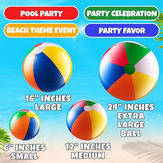 4-pcs Assorted Sizes Inflatable Beach Balls - Small & Large Rainbow Beach Balls For Kids In 6", 12", 16", 24" Sizes - Colorful Blow Up Pool Toys For Beach Games, Summer Party Decoration & Outdoor Fun