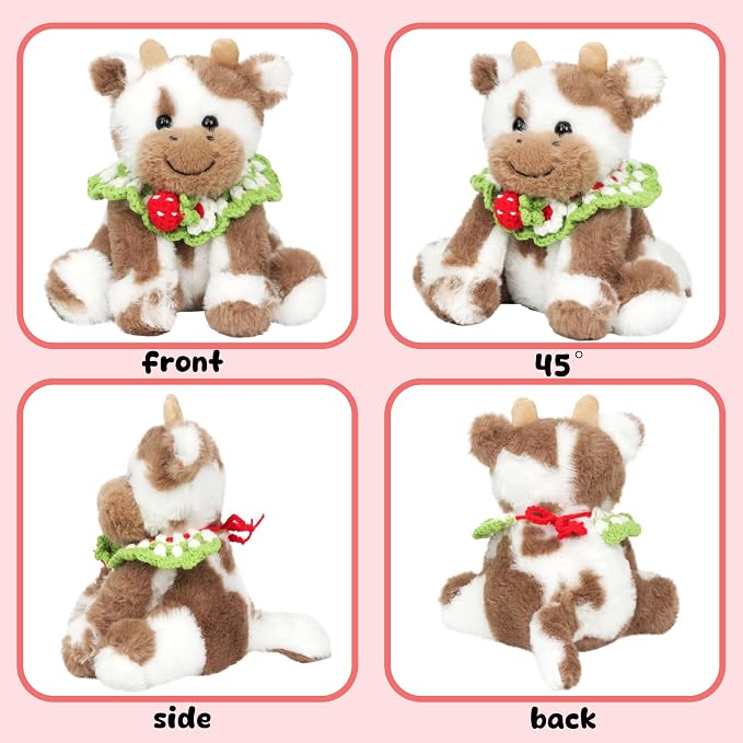 Hopearl Adorable Plush Cow Toy with Knitted Cute Strawberry Bib Floppy Dairy Cattle Soft Stuffed Animal Kawaii Gift for Boys Girls Kids Toddlers, Light Brown, 9''