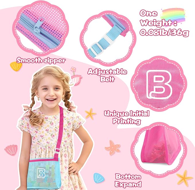 3Pcs Personalized Kids Beach Shell Bag, Initial Seashell Mesh Zipper Beach Pouch, Shell Collecting Bag for Holding Shells with Adjustable Straps, Sand Toys Swim Pouch Gift for Girl Boy Teens(Letter B)