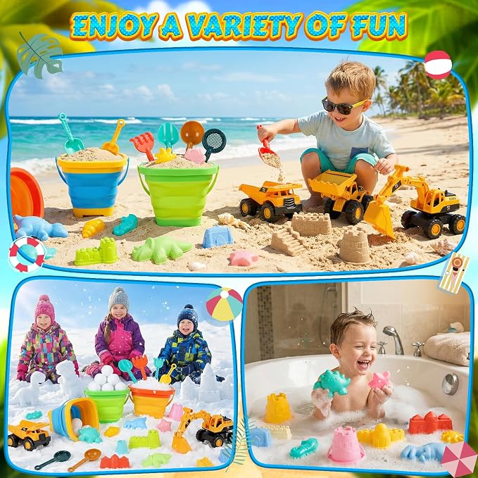 Beach Toys for Kids 35PCS Sand Toys with 3 Collapsible Bucket,3 Dump Truck,Beach Shovel,Sand Castle Building Kit,Ocean Molds,Dinosaur Sand Molds, 2 Mesh Bag,Toddler Beach Essentials for Kids 3-10