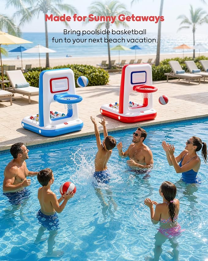 QPAU Pool Basketball Hoop with Built-in Cooler, 42" Poolside & Floating Inflatable Basketball Hoop for Family Pool Party — Swimming Pool Games for Kids & Adults, Includes 2 Balls & Pumps
