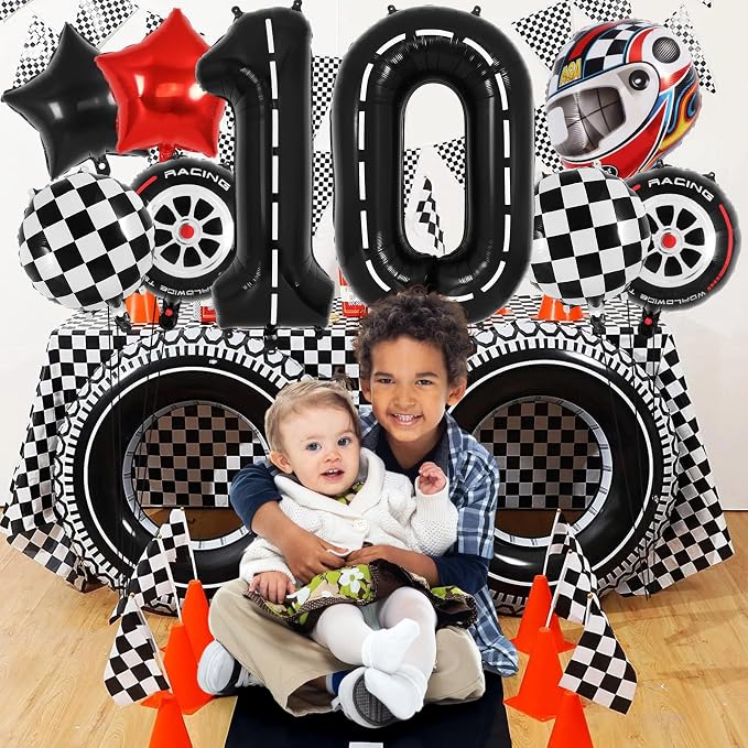 Race Car Birthday Balloons, Racetrack Number 0 Balloon, 40 Inch Large Foil Black 0 Balloon for Birthday Race Car Themed Party Decoration