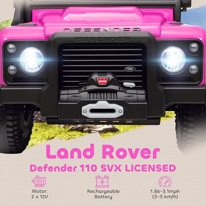 Qaba Land Rover 110SVX Licensed Electric Car for Kids, 12V Battery Powered Kids Ride On Car with Remote Control, Dual Motors, Spring Suspension, LED Lights, 3 Speeds Ride On Truck, Pink