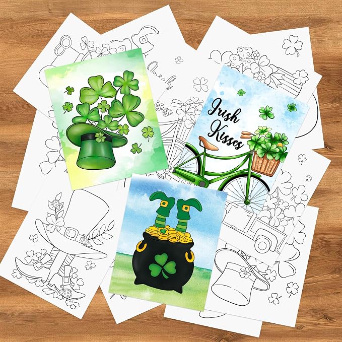 COCHIE 36PCS 8x10 Inches St. Patrick's Day Coloring Pages for Kids, Bulk Color Your Own Sanit Patricks Shamrock Paper Crafts Party Favors, Small Coloring Sheets Holiday Gifts
