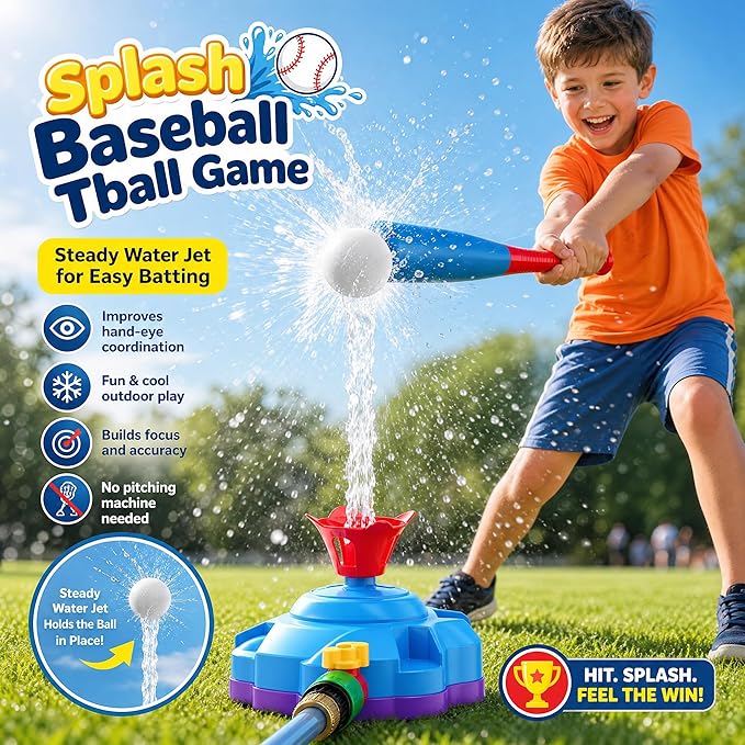4 in 1 Kids Water Sprinkler Toys for Outdoor Play – Splash Baseball Sprinkler Tball, Foot Pump Rocket Launcher, Rotating & Water Rocket Sprinkler – Summer Backyard Water Toys for Ages 3-8