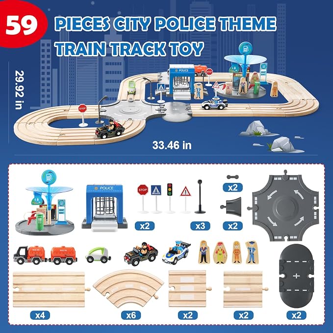 59 Pcs Wooden Train Set for Toddlers, Toy Train with Track for Kids Ages 3-6, Deluxy Double Track City Police Station Railway Playset Gifts for Boys and Girls Ages 3+