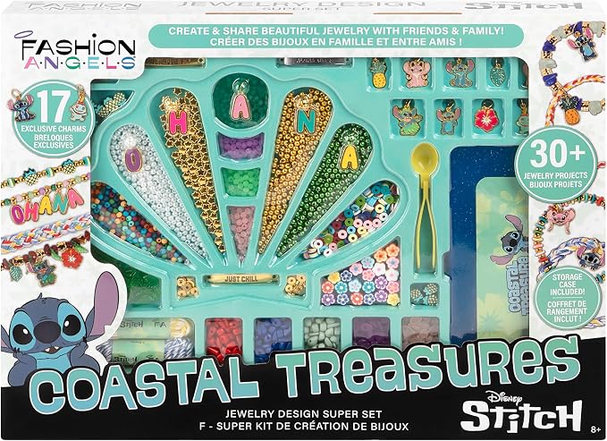 Fashion Angels Disney Stitch Coastal Treasures Jewelry Design Super Set, Includes Shell-Shaped Tray, Enamel Charms & More, DIY Creative Making Kit for Kids