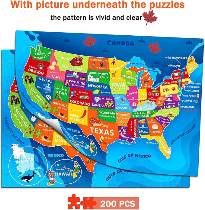 Puzzles for Kids Ages 6-8 8-10 10-12 Year Old - 200 Piece Jigsaw Puzzles for Kids Aged 6 to 12 - United States Puzzle - Colorful Children Puzzles for Girls and Boys Educational Toys