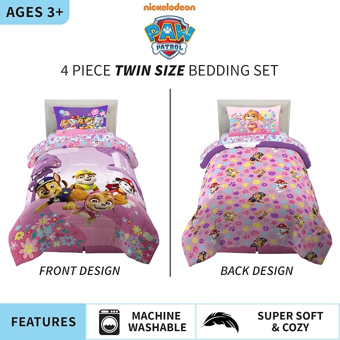 Paw Patrol Girl Skye Kids Bedding Super Soft Reversible Microfiber Comforter and Sheet Set, 4 Piece Twin Size, (Officially Licensed Product) Product By Franco