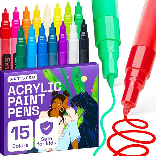 ARTISTRO 15 Acrylic Paint Markers - Paint Pens for Glass Marking, Rock Painting, Ceramic, Wood, Fabric, DIY, Craft, Canvas - Art and Craft Supplies for Adults, Teens, Kids (Extra Fine Tips)