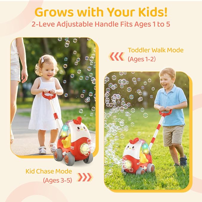 Bubble Machine for kids, USB Rechargeable Bubble Blower with Adjustable Handle, Leak-Proof Outdoor Push Bubble Machine for Toddlers 1-3, Bubble Toys for 1-5 Year Old Boy&Girl Parties Birthday