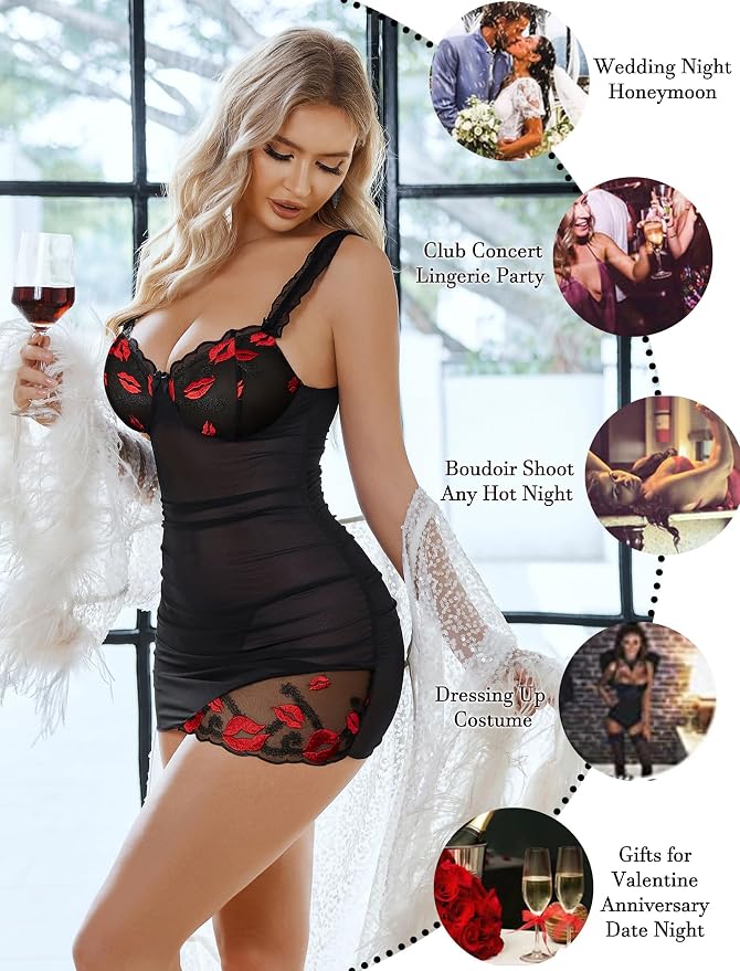 Avidlove Lingerie for Women Mesh Babydoll Lingeries Lace Chemise Floral Sleepwear Dress Sheer Exotic Boudoir Outfit S-XXL