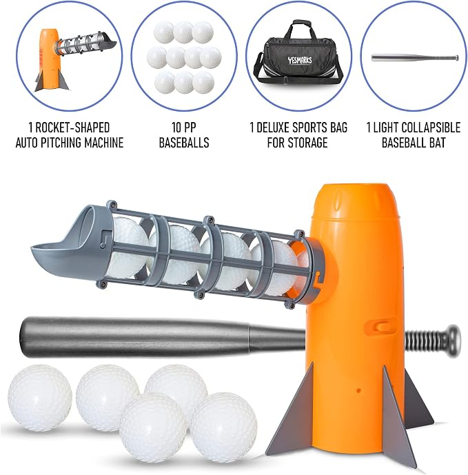 YESMARKS Kids Auto Baseball Pitching Machine Outdoor Toy Set - Training Equipment & Batting Practice Toys for Youth, Includes 10 Baseballs, Baseball Bat and Sports Bag | Includes 10 PP Baseballs, Baseball Bat, Sports Bag, Outdoor Sports Backyard Game T...