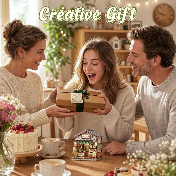 Cutefun DIY Miniature House Kit, 128 Pcs 3D Wooden Puzzle Tiny House Mini House Building Kit for Beginners & Teens, Palm-Sized Japanese Booknook Dollhouse for Bookshelf Decor (Kyoto Matcha Cottage)