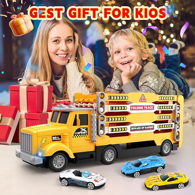 HONGTUO Race Track Truck Toy for Kids – Foldable 3-Layer Car Track Playset with 6 Vehicles, Light & Sound Transport Truck, Christmas & Birthday Gift for Boys and Girls Ages 3-6