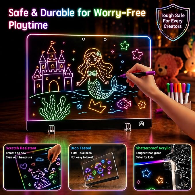 Rechargeable Led Drawing Board for Kids' Dry Erase Boards w/ 12 LED Light Effects,Art Kit Drawing Tablet,Drawing Pad for Kids Gifts for Boys,Girl Birthday Gift for 3-6 7 8 9 10 Year Old Travel