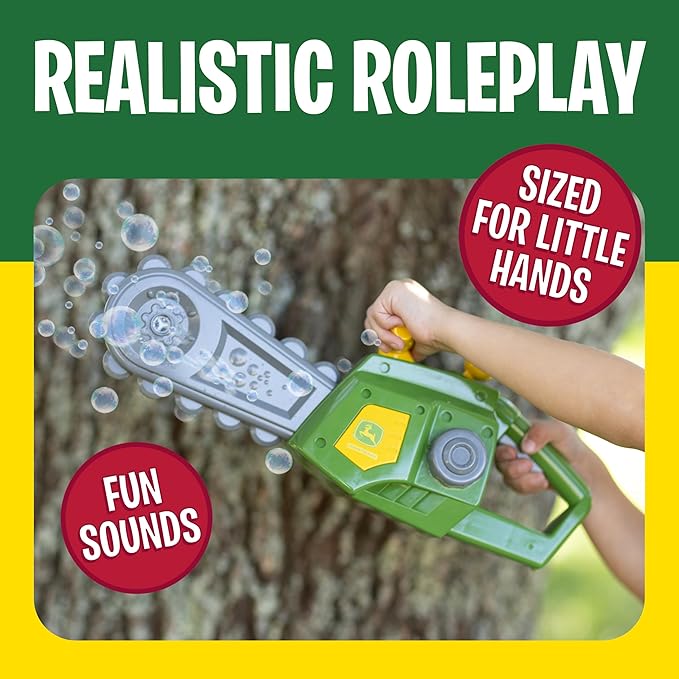 John Deere Motorized Bubble Chainsaw Toy for Kids – Bubble Blowing Pretend Play Tool - Toddler Bubble Blaster Machine - Includes Non-Toxic Bubble Solution, Ages 3+