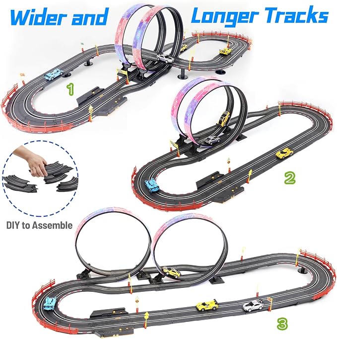 Slot Car Race Track Set, 19ft Electric Track with LED Lights and 4 Slot Cars, 2 Hand Controllers and Racing Game Lap Counters, Set Features Loop, Turns, and Crossover for Boys Age 6-12