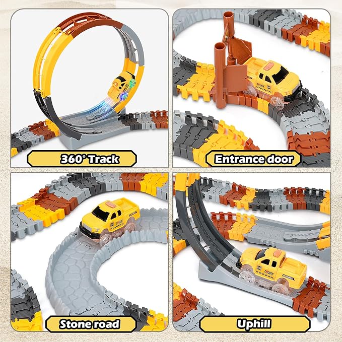 157 PCS Construction Race Tracks for Kids, Glow in The Dark Magic Toy Set with 360° Loop Ramp, 1 Light Up Car, 3 Construction Cars, Flexible DIY Track Set, Birthday Gift for 3-9 Year Old Boys Girls