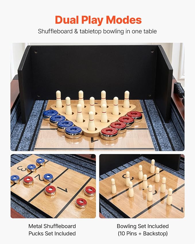 VEVOR 7ft 9ft 12ft Shuffleboard Table 2 in 1 Shuffleboard and Bowling Combo Set, Shuffle Board with Scratch-Resistant Playfield, Pucks, Bowling Set, Wax, Brush for Family Game Rooms