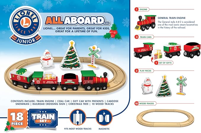 MasterPieces Wood Train Sets - Lionel 18 Piece Holiday Train Set