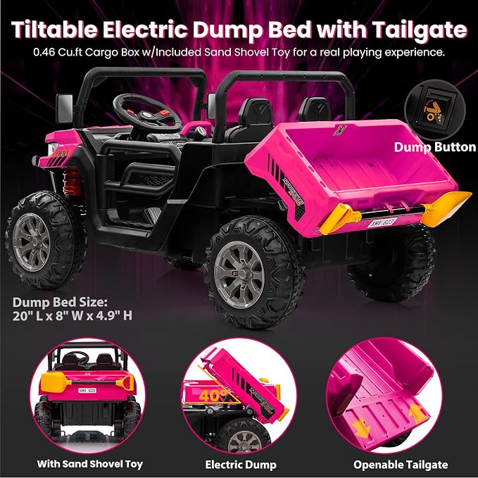 24V 4WD Ride on Truck Car w/4X200W Motor, Dump Bed, Gift Flower, 2 Seaters, Remote Control, 4 Wheeler, LED Light, Music, 24 Volt Ride on Toys for Big Kids Girls 3-8, Pink