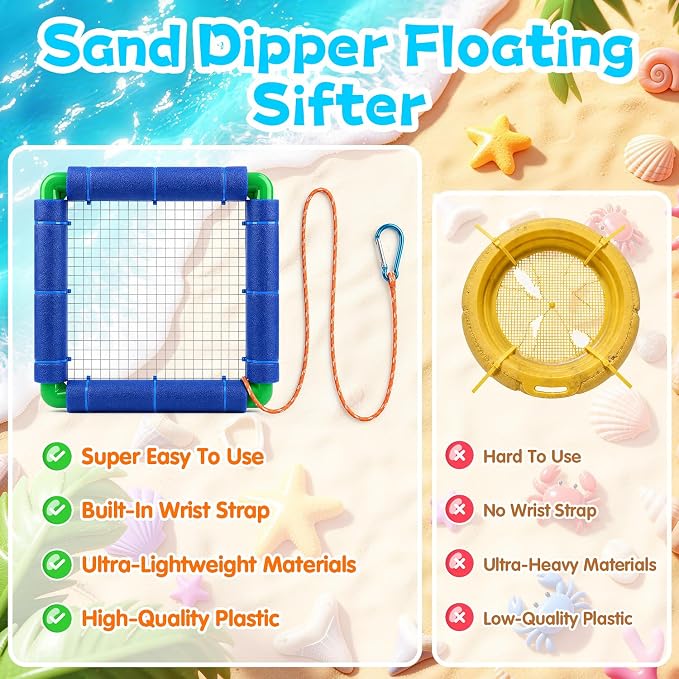 Floating Shark Tooth Sifter, Professional Stainless Steel Sand Sifter for Beach, Lightweight Shark Teeth Sifter for Fossil Hunting, Shelling & Beachcombing