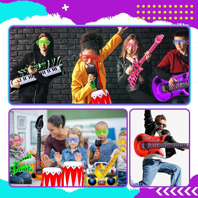 Max Fun Inflatable Rock Star Toy Set, 48pcs Inflatable Party Props for Kids 80s 90s Party Decorations Inflatable Guitars Inflate Rock Band Assortment Party Favors (Random Color)