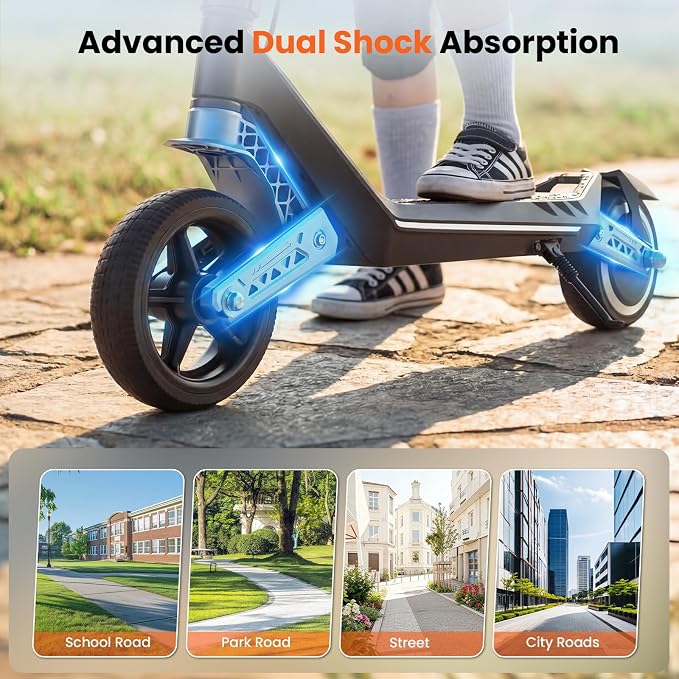 Electric Scooter for Kids Ages 6-12, Shock Absorption, 3/6/10 MPH, 3 Heights, 150W Motor, 6.5" Solid Tire, Foldable Lightweight Kids Electric Scooter with LED Display, Bluetooth & RGB Lights