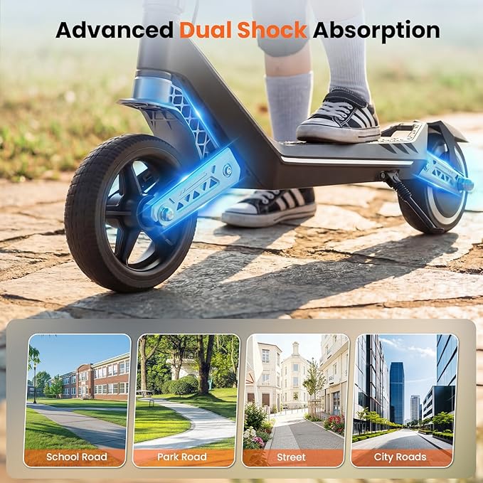 Electric Scooter for Kids Ages 6-12, Shock Absorption, 3/6/10 MPH, 3 Heights, 150W Motor, 6.5" Solid Tire, Foldable Lightweight Kids Electric Scooter with LED Display, Bluetooth & RGB Lights