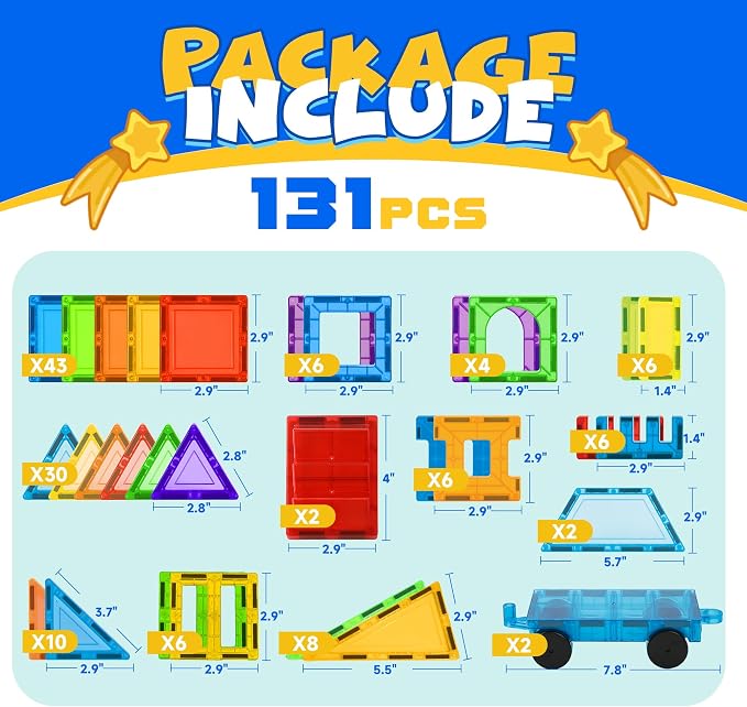 Magnetic Tiles, 131PCS Magnetic Blocks Set Including 2 Cars, Learning Magnetic Building Blocks Sets, Educational Magnets Tiles Toys Boys Girls Kids Ages 3 4 5 6 7 8 9+ Year Old