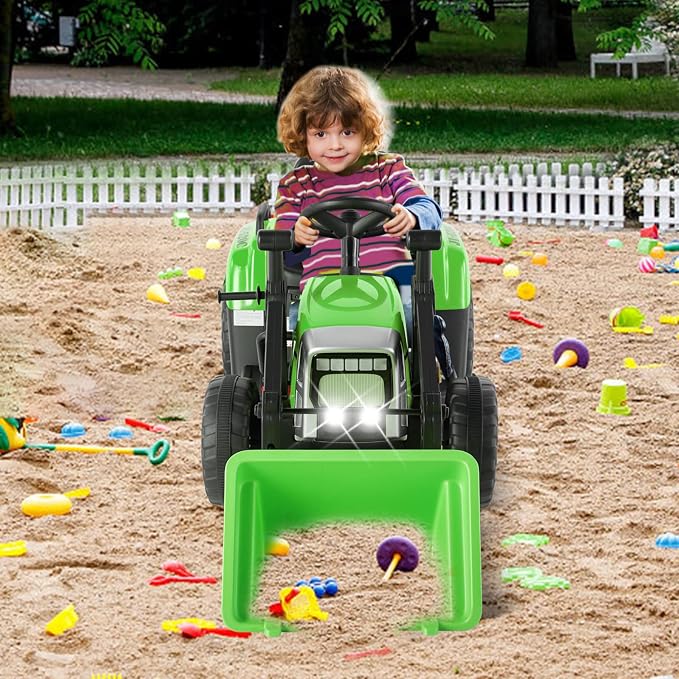 JOYLDIAS Ride On Excavator, 12V7AH Electric Car for Kids 3-8 W/2.4GHz Remote Control, Electric Construction Vehicle Bulldozer/Tractor for Kids Digger with 3 Speeds,Bluetooth,Music,Lights,Green