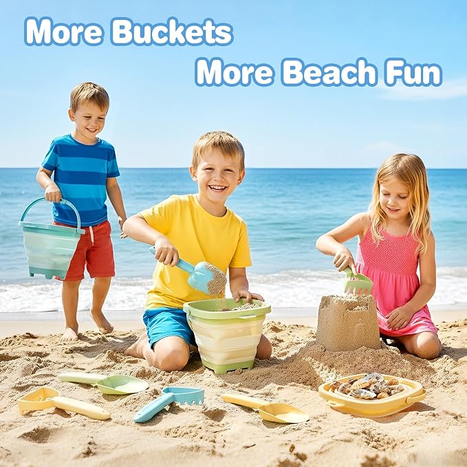 Dreamon Beach Toys, 3 Pack Collapsible Sand Buckets for Kids, Shovels & Rakes Set with Mesh Bag, Kids Beach Essentials Sandcastle Building Kit for Beach Trip Outdoor Play and Summer Fun