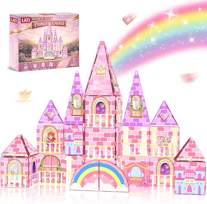 LATI Magnetic Tiles Princess Castle Building Toy for Kids, Double-Sided Magnetic Blocks for Day & Night Play, Open-Ended STEM Educational Toy, Compatible with Other Brands, Gift for Girls Ages 3–8