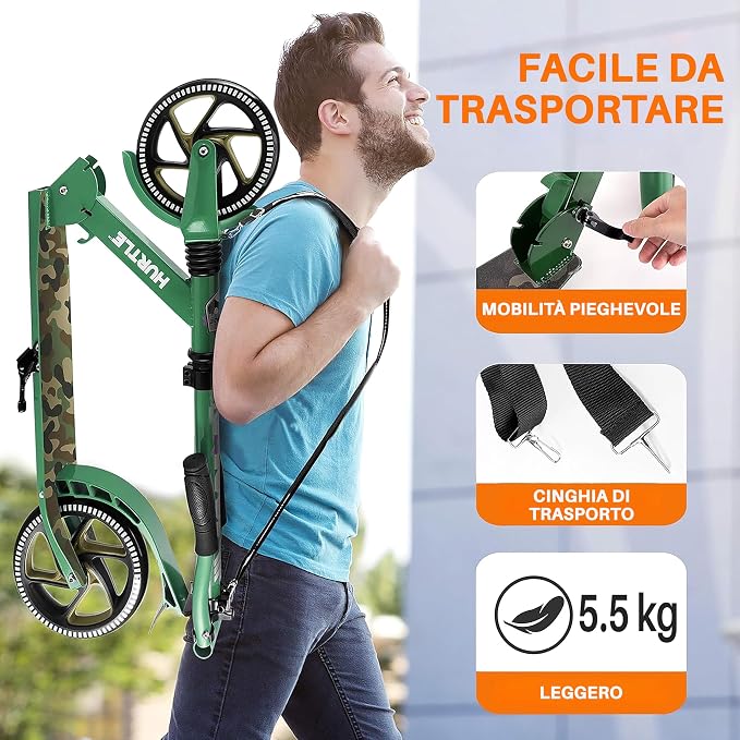 Hurtle Renegade Kick Scooter for Kids, Teenagers & Adults - 2-Wheel Folding Scooter with Adjustable T-Bar Handlebar - Alloy Anti-Slip Deck