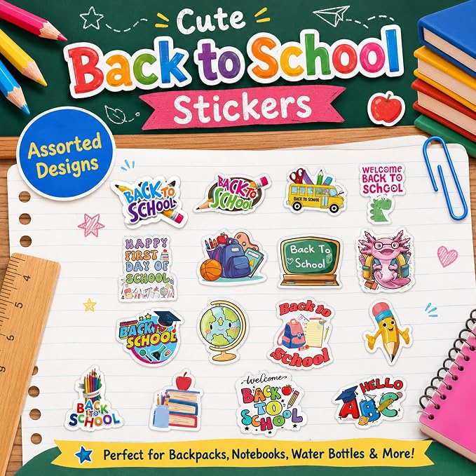 QTL Black to School Stickers for Students, Black to School Party Supplies, Waterproof Vinyl Stickers for Water Bottle Laptop, 60 Pcs