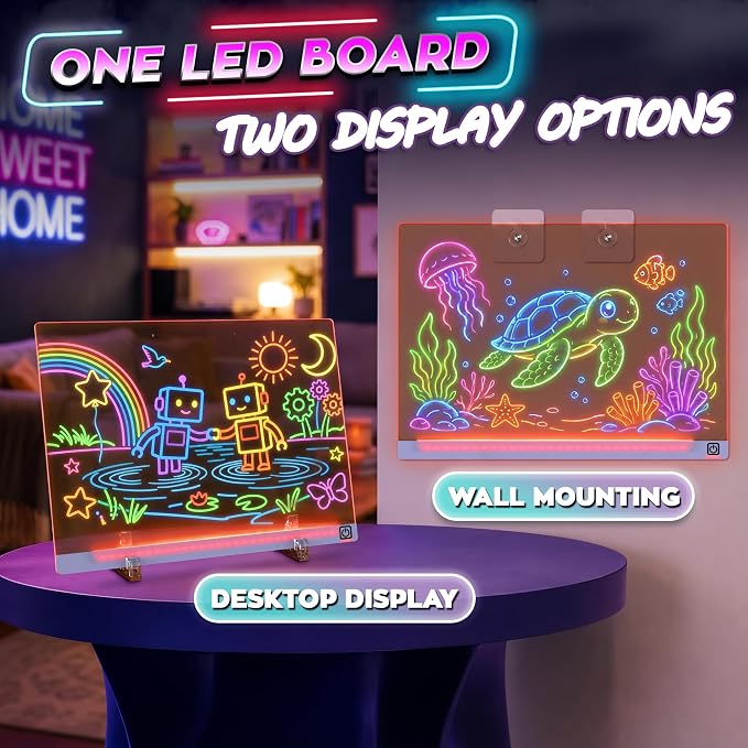 LED Drawing Board with USB-C Power – 16 Inch Acrylic Light Board for Tracing with Edge-Lit Color-Changing Glow, 7 LED Colors, 6 Light Modes – Plug-and-Play Kit with Markers, Stands, Gift Box (Blue)