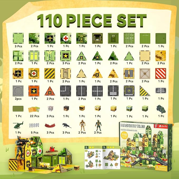 VigorFun Army Magnetic Tiles Building Toys Set for Kids Ages 3-5 4-8, STEM Military Magnetic Blocks with Army Men for Toddler, Educational Sensory Magnet Toys Gifts for Boys Girls Learning Classroom