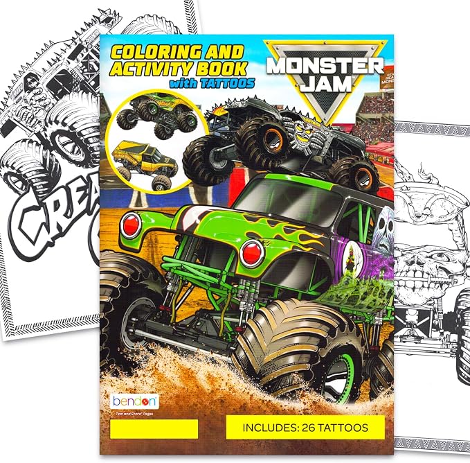 Monster Jam Coloring Book with Tattoos for Kids Ages 4-8 - Gravedigger Coloring Pages, Activities, Games Plus Temporary Tattoos Featuring Monster Trucks | Monster Jam Activity Book for Boys