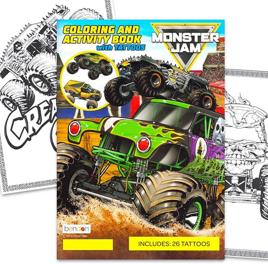 Monster Jam Coloring Book with Tattoos for Kids Ages 4-8 - Gravedigger Coloring Pages, Activities, Games Plus Temporary Tattoos Featuring Monster Trucks | Monster Jam Activity Book for Boys