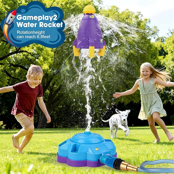 4-in-1 Water Sprinkler Toys for Kids, Outdoor Water Baseball, Rotating Water Spray, Rocket Launcher for Toddlers 3-5, Backyard, Garden, Lawn, and Pool Summer Playset for Boys and Girls Aged 4-12.