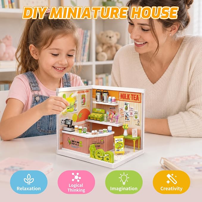 MINDNOOK DIY Miniature House Kit, LED Light-Up Dollhouse, Mini Dollhouse Building Set with Furniture, Craft Hobby Gift for Adults, Teens & Kids Ages 6+ (Milk Tea)