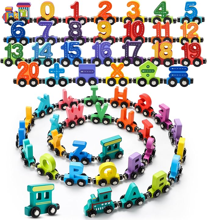 2 Sets/55 Pcs Magnetic Alphabet Number Train Set Montessori Toys for Toddlers Wooden Alphabet Number Preschool Learning Activities Educational Sensory Easter Basket Stuffers Birthday Gifts
