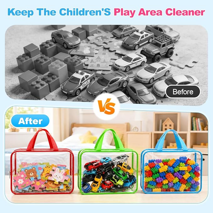 6 Pack Clear Toy Storage Bags with Zippers, Multi-Color Toy Organizer with Handles, Premium Plastic Toy Organizers and Storage for Building Blocks, Lego, puzzle, Crafts, Travel Essentials