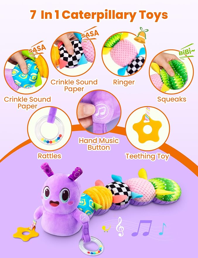 Musical Caterpillar Baby Sensory Toy for Infant Development 0-12 Months – Newborn Bath, Car Seat, Stroller & Bassinet Activity Toy & Gift – Tummy Time Crawler & Teether(Purple)