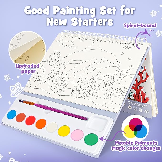 Watercolor Painting Coloring Books, Paint with Water Arts & Crafts Kit for Kids, Travel Activities Art Supplies Party Favors Exchange Birthday Gifts for Boys Girls, Spiral-Bound (Marine)